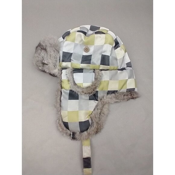Chaos ski winter trapper hat ear flaps Green Gray quilt pattern Faux‎ Fur - Picture 2 of 10